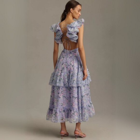 Mac Duggal 56049 Size 6 Light Purple Floral Tiered Ruffle Shoulder Midi Dress - Picture 3 of 9